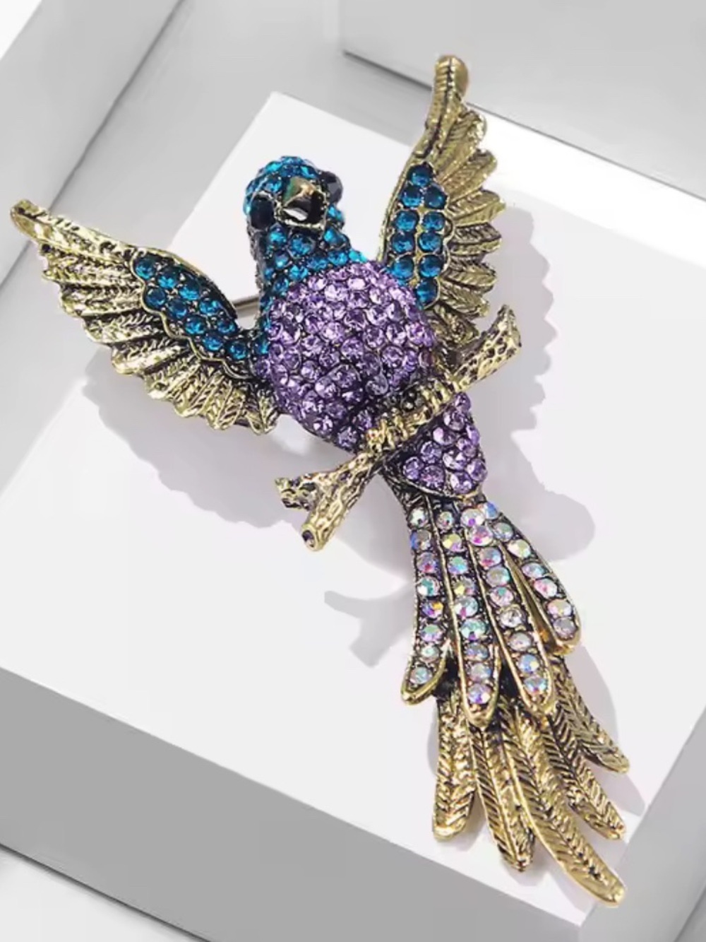 Vintage Purple & Teal Crystal Parrot Hummingbird Brooch